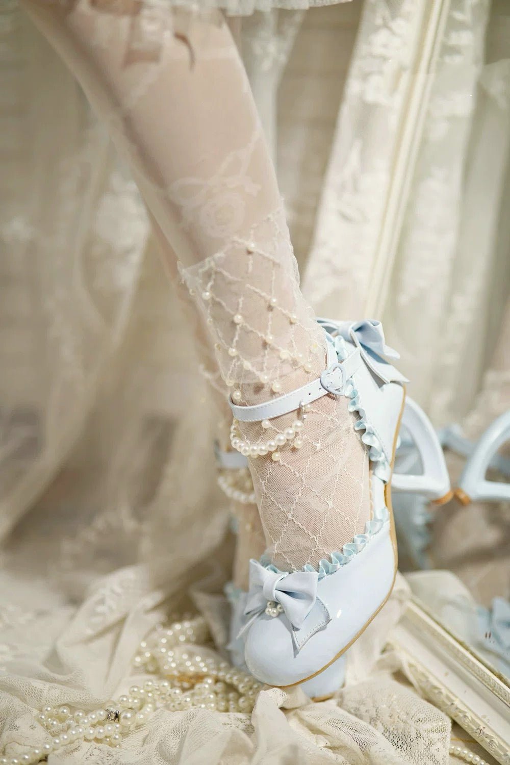 Pink Lolita Vintage Shoes with Bow and Pearl - Lolita Heels with Lace - Up - WonderlandByLilian