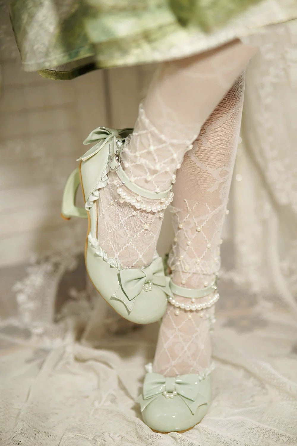 Pink Lolita Vintage Shoes with Bow and Pearl - Lolita Heels with Lace - Up - WonderlandByLilian