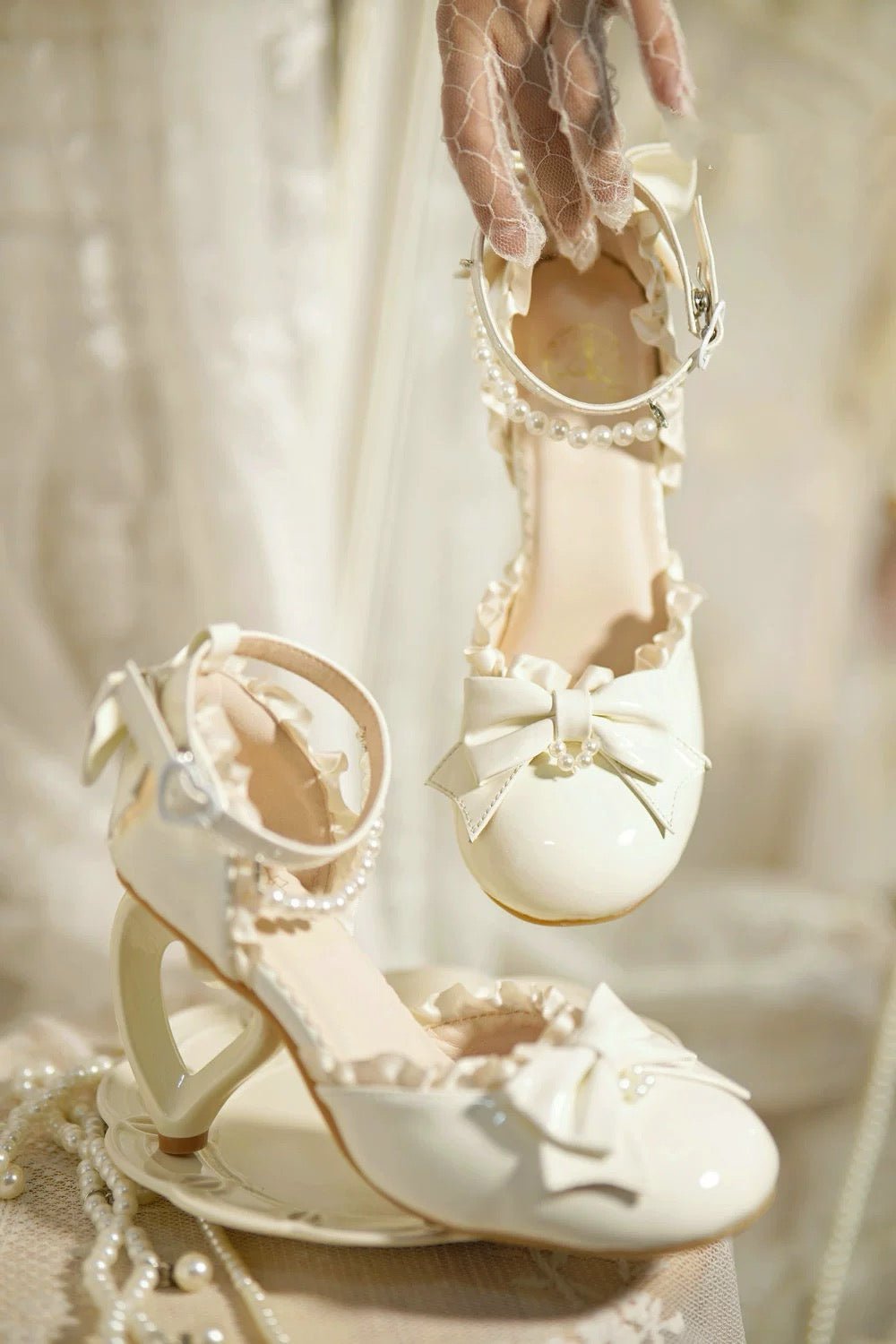 Pink Lolita Vintage Shoes with Bow and Pearl - Lolita Heels with Lace - Up - WonderlandByLilian