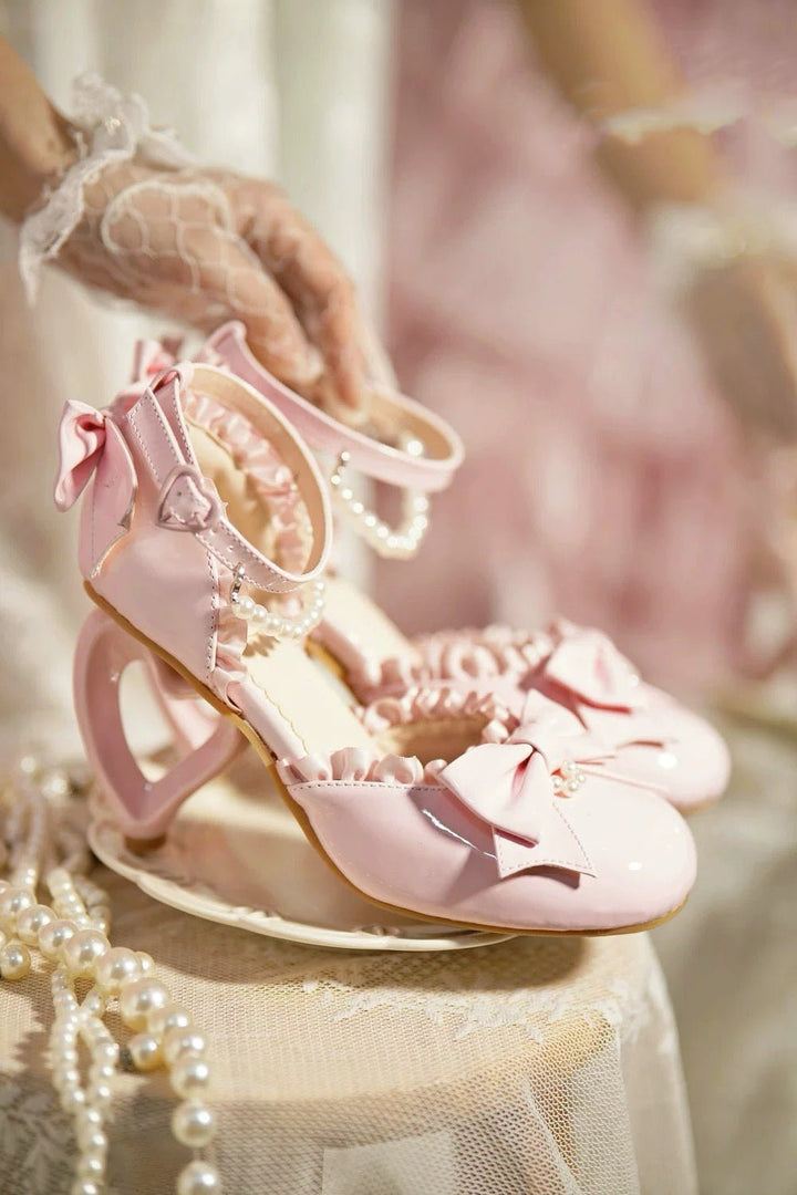 Pink Lolita Vintage Shoes with Bow and Pearl - Lolita Heels with Lace - Up - WonderlandByLilian