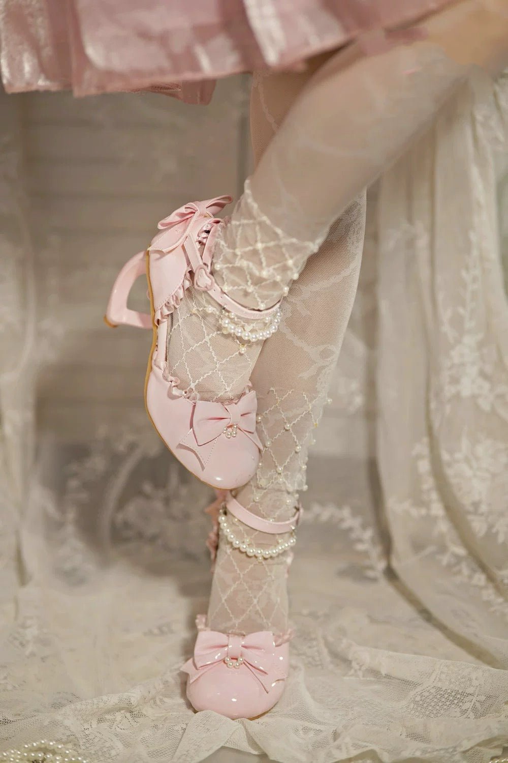 Pink Lolita Vintage Shoes with Bow and Pearl - Lolita Heels with Lace - Up - WonderlandByLilian