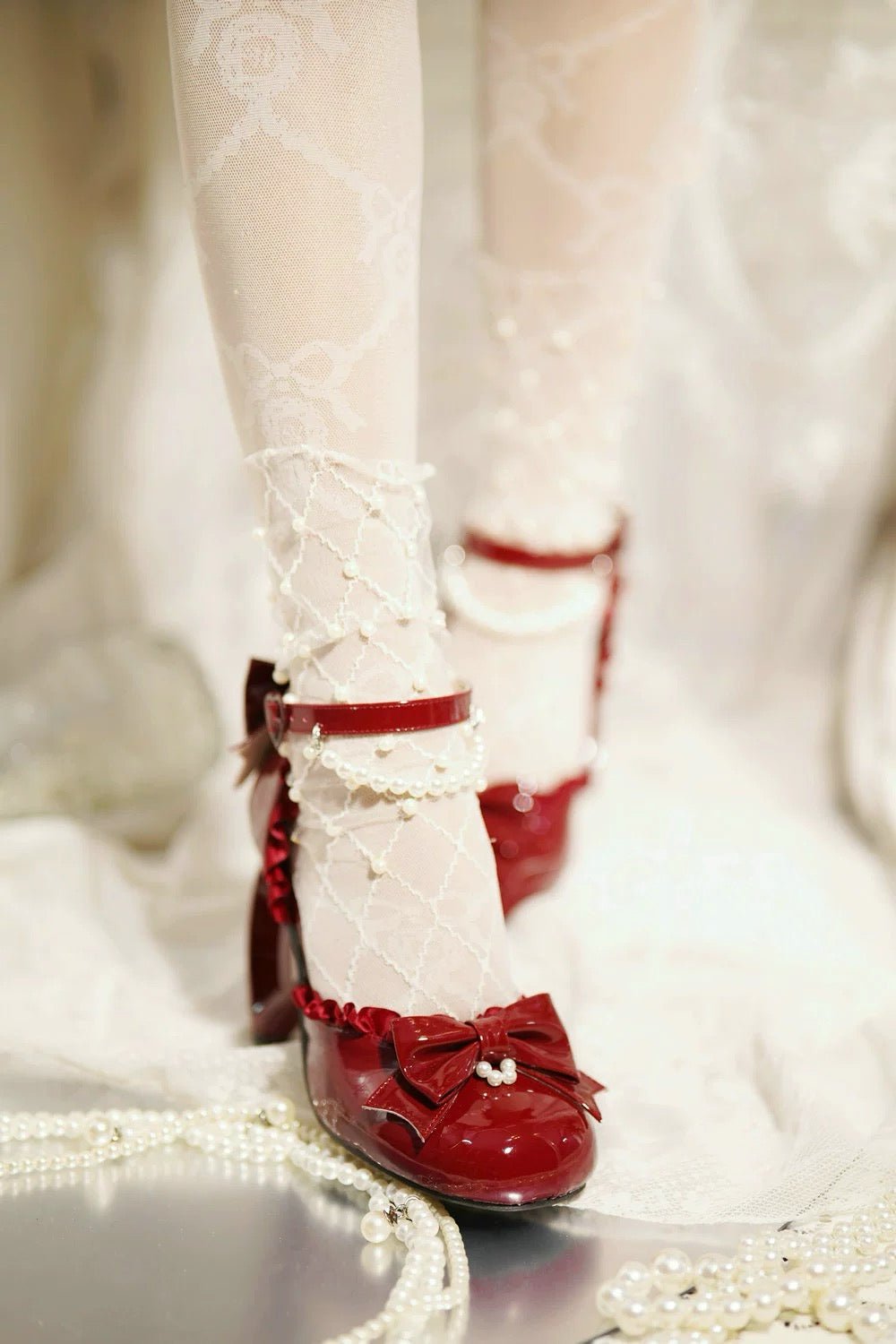 Pink Lolita Vintage Shoes with Bow and Pearl - Lolita Heels with Lace - Up - WonderlandByLilian