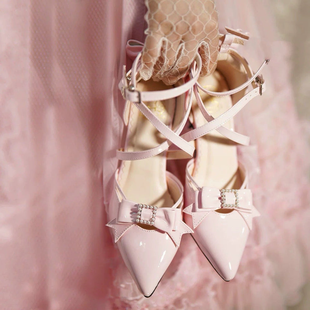 Pink Lolita Vintage Shoes with Bow - Lolita Heels with Lace - Up - WonderlandByLilian