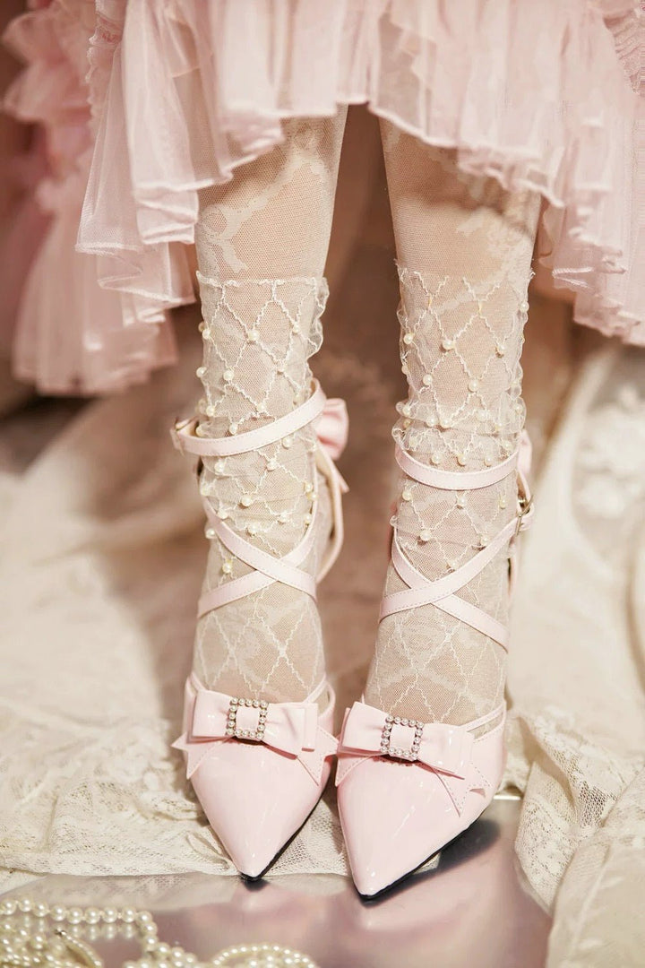 Pink Lolita Vintage Shoes with Bow - Lolita Heels with Lace - Up - WonderlandByLilian