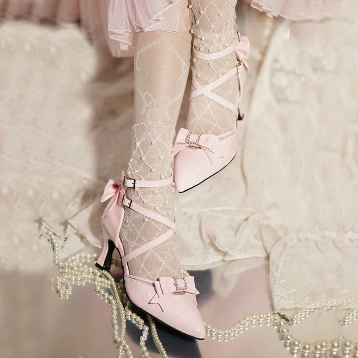 Pink Lolita Vintage Shoes with Bow - Lolita Heels with Lace - Up - WonderlandByLilian