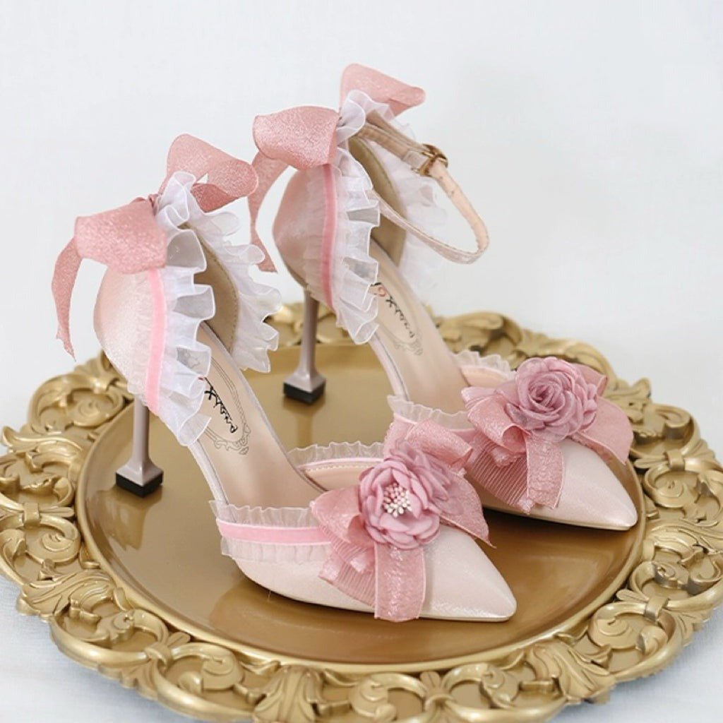 Pink Lolita Vintage Shoes with Floral Bow and Pearl - Lolita Heels with Tulle and Lace - WonderlandByLilian