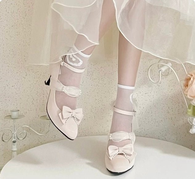 Pink Lolita Vintage Shoes with Pearl - Lolita Heels with Convertible Bow - WonderlandByLilian