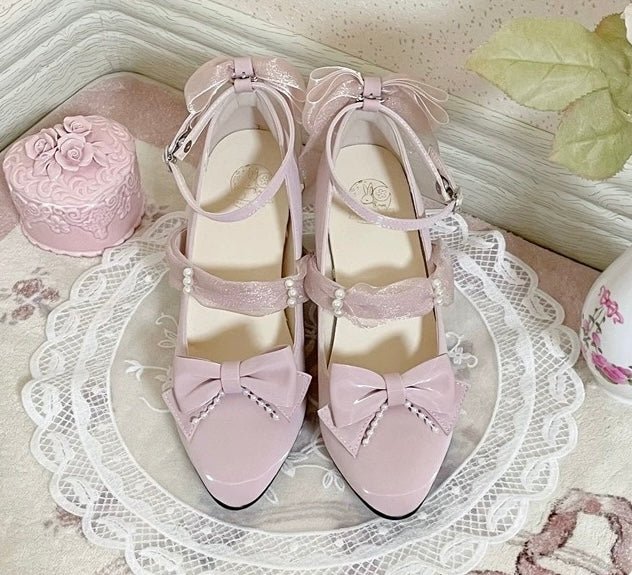 Pink Lolita Vintage Shoes with Pearl - Lolita Heels with Convertible Bow - WonderlandByLilian