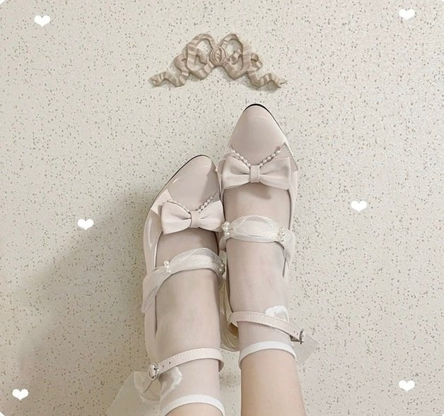 Pink Lolita Vintage Shoes with Pearl - Lolita Heels with Convertible Bow - WonderlandByLilian