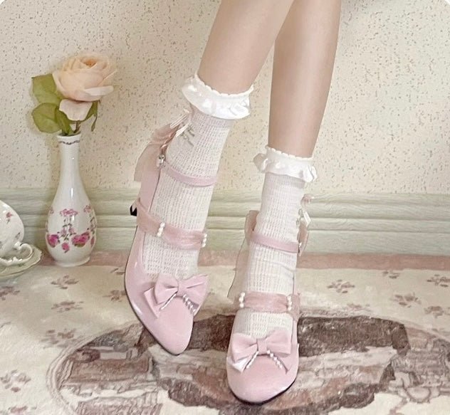 Pink Lolita Vintage Shoes with Pearl - Lolita Heels with Convertible Bow - WonderlandByLilian