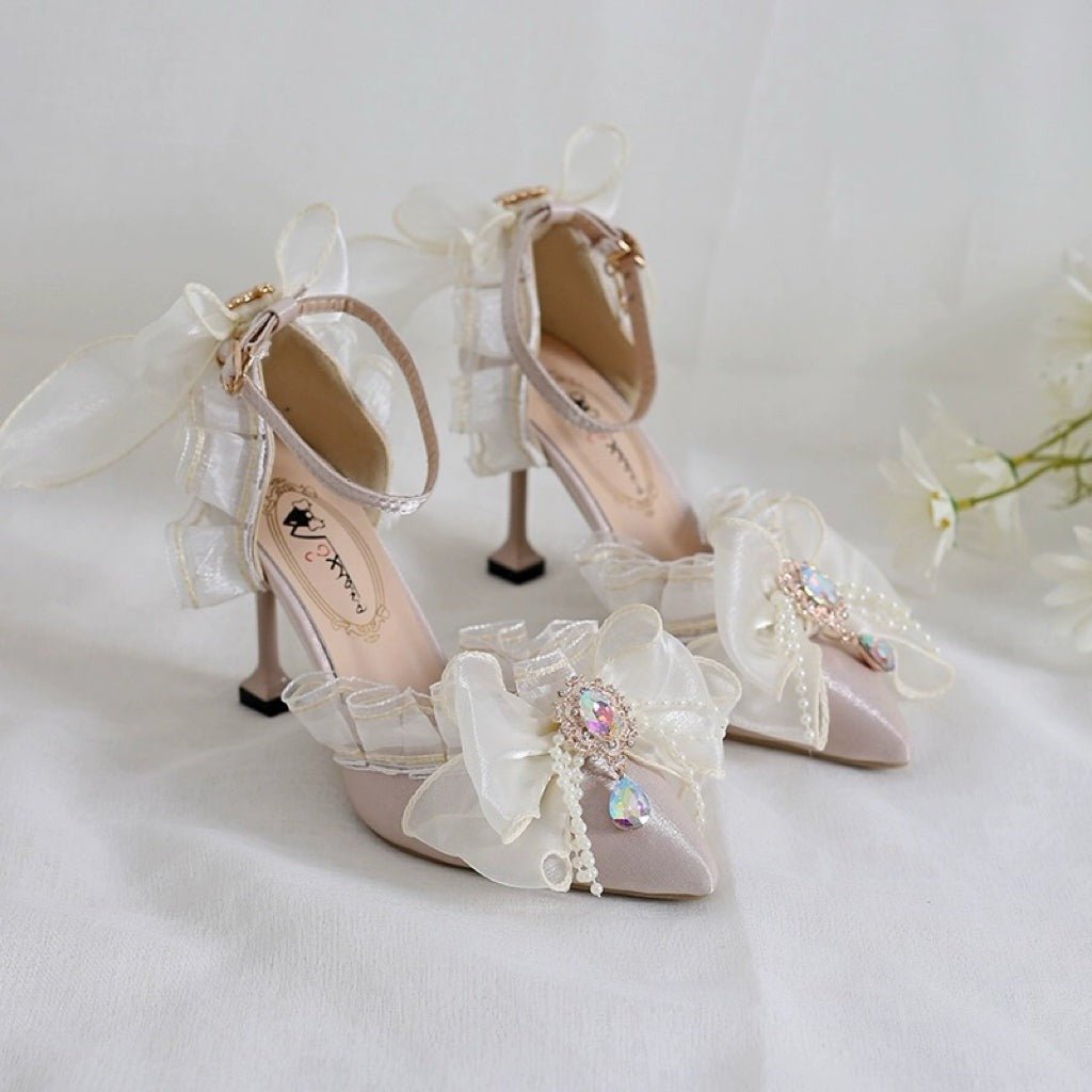 Pink Lolita Vintage Shoes with Rhinestones - Lolita Heels with Tulle and Bow - WonderlandByLilian