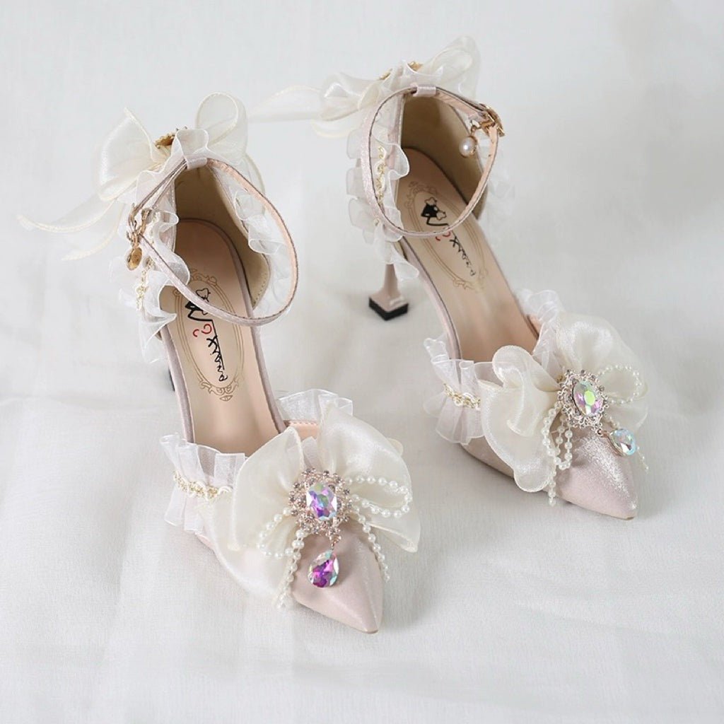 Pink Lolita Vintage Shoes with Rhinestones - Lolita Heels with Tulle and Bow - WonderlandByLilian