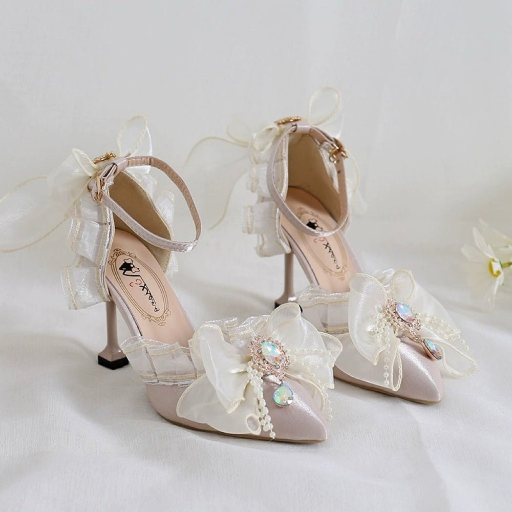 Pink Lolita Vintage Shoes with Rhinestones - Lolita Heels with Tulle and Bow - WonderlandByLilian