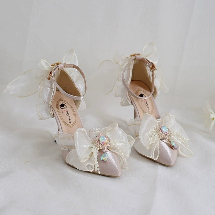 Pink Lolita Vintage Shoes with Rhinestones - Lolita Heels with Tulle and Bow - WonderlandByLilian