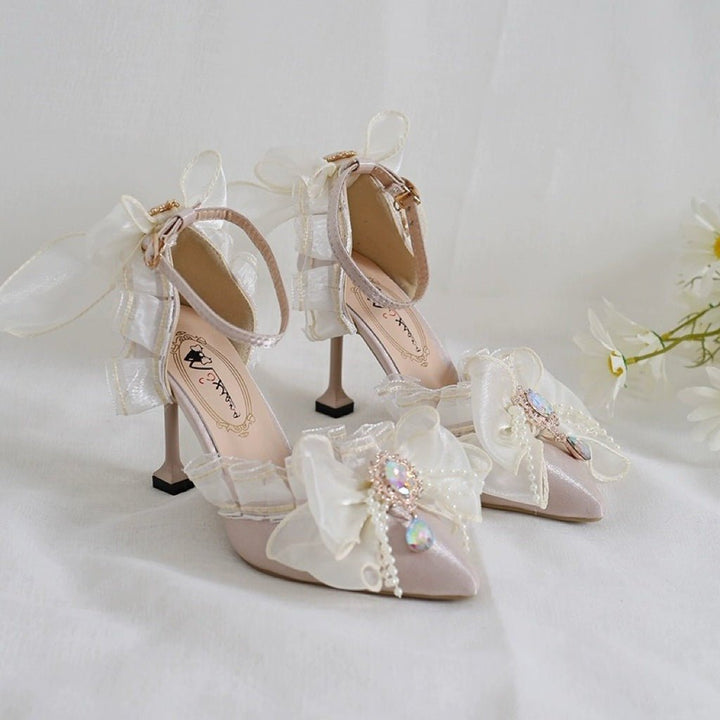 Pink Lolita Vintage Shoes with Rhinestones - Lolita Heels with Tulle and Bow - WonderlandByLilian