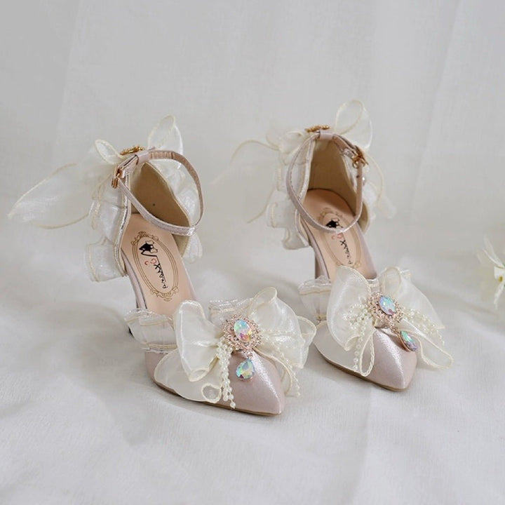 Pink Lolita Vintage Shoes with Rhinestones - Lolita Heels with Tulle and Bow - WonderlandByLilian