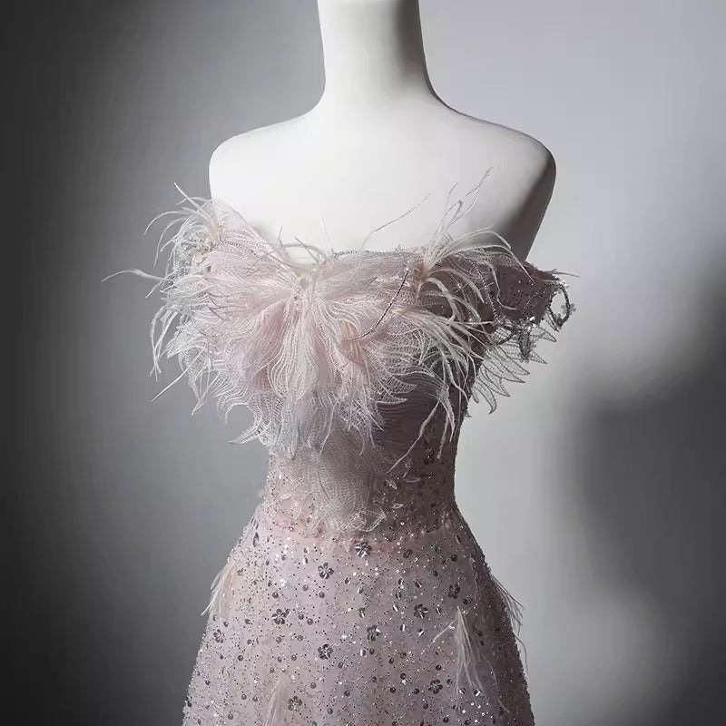 Pink Off-Shoulder Sequined Sheath Gown with Feathered Tulle Accents - WonderlandByLilian