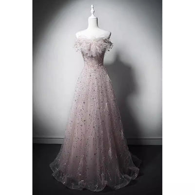 Pink Off-Shoulder Sequined Sheath Gown with Feathered Tulle Accents - WonderlandByLilian