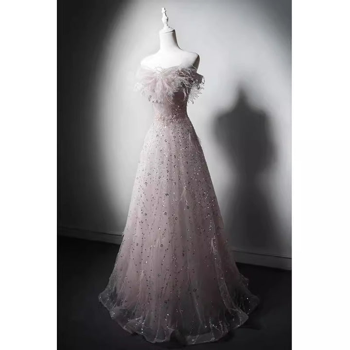 Pink Off-Shoulder Sequined Sheath Gown with Feathered Tulle Accents - WonderlandByLilian