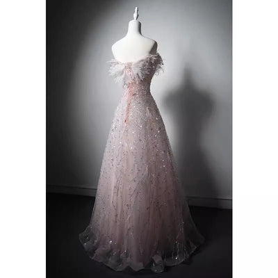 Pink Off-Shoulder Sequined Sheath Gown with Feathered Tulle Accents - WonderlandByLilian