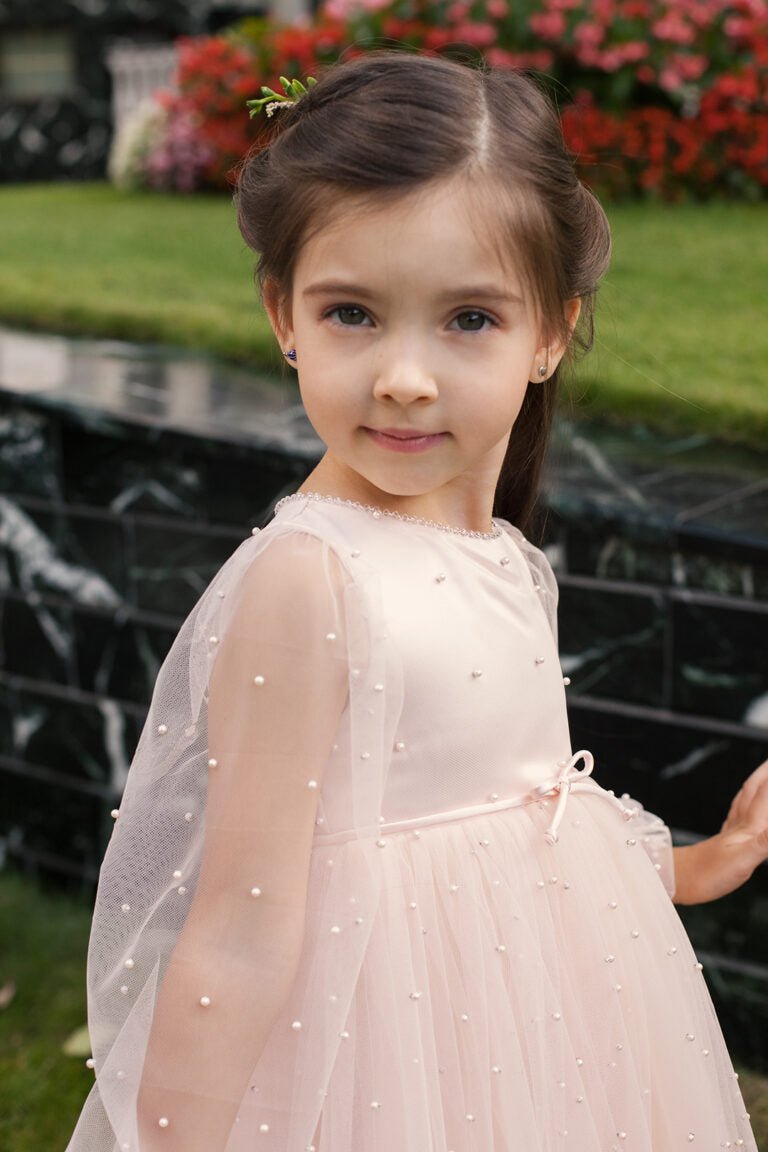 Pink Powder Long Sleeve Plus Size Flower Girl Dress – Elizabeth Tulle Gown with Hand - Embroidered Pearls for Special Occasions - WonderlandByLilian