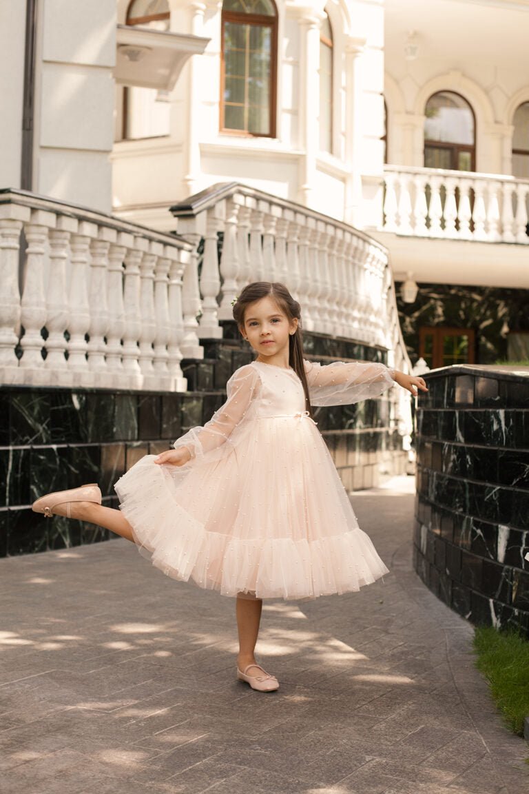 Pink Powder Long Sleeve Plus Size Flower Girl Dress – Elizabeth Tulle Gown with Hand - Embroidered Pearls for Special Occasions - WonderlandByLilian