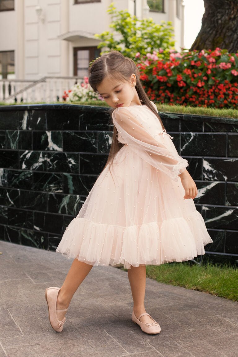 Pink Powder Long Sleeve Plus Size Flower Girl Dress – Elizabeth Tulle Gown with Hand - Embroidered Pearls for Special Occasions - WonderlandByLilian