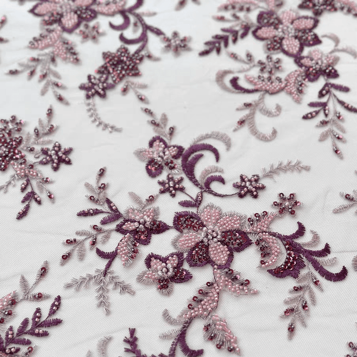 Pink - Purple 3D Beaded Embroidery Soft Tulle Lace Fabric - WonderlandByLilian