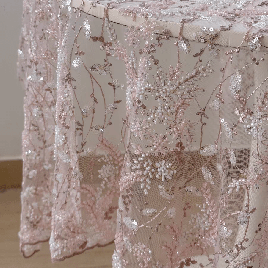 Pink - Purple Sequin Beaded Floral Embroidered Tulle Lace Fabric - WonderlandByLilian