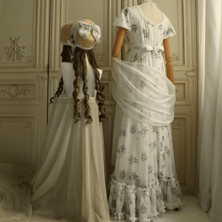 Pink Regency Era Dress in White Chiffon – Empire Waist Regency Gown with Puff Sleeves Plus Size - WonderlandByLilian
