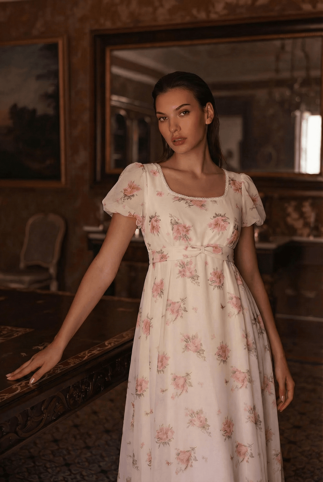 Pink Regency Era Dress in White Chiffon – Empire Waist Regency Gown with Puff Sleeves Plus Size - WonderlandByLilian