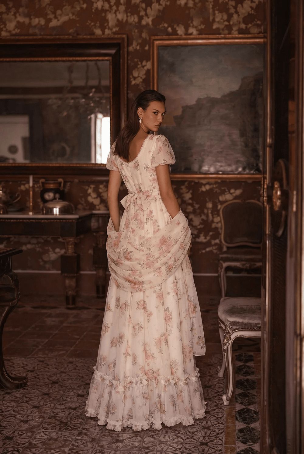 Pink Regency Era Dress in White Chiffon – Empire Waist Regency Gown with Puff Sleeves Plus Size - WonderlandByLilian