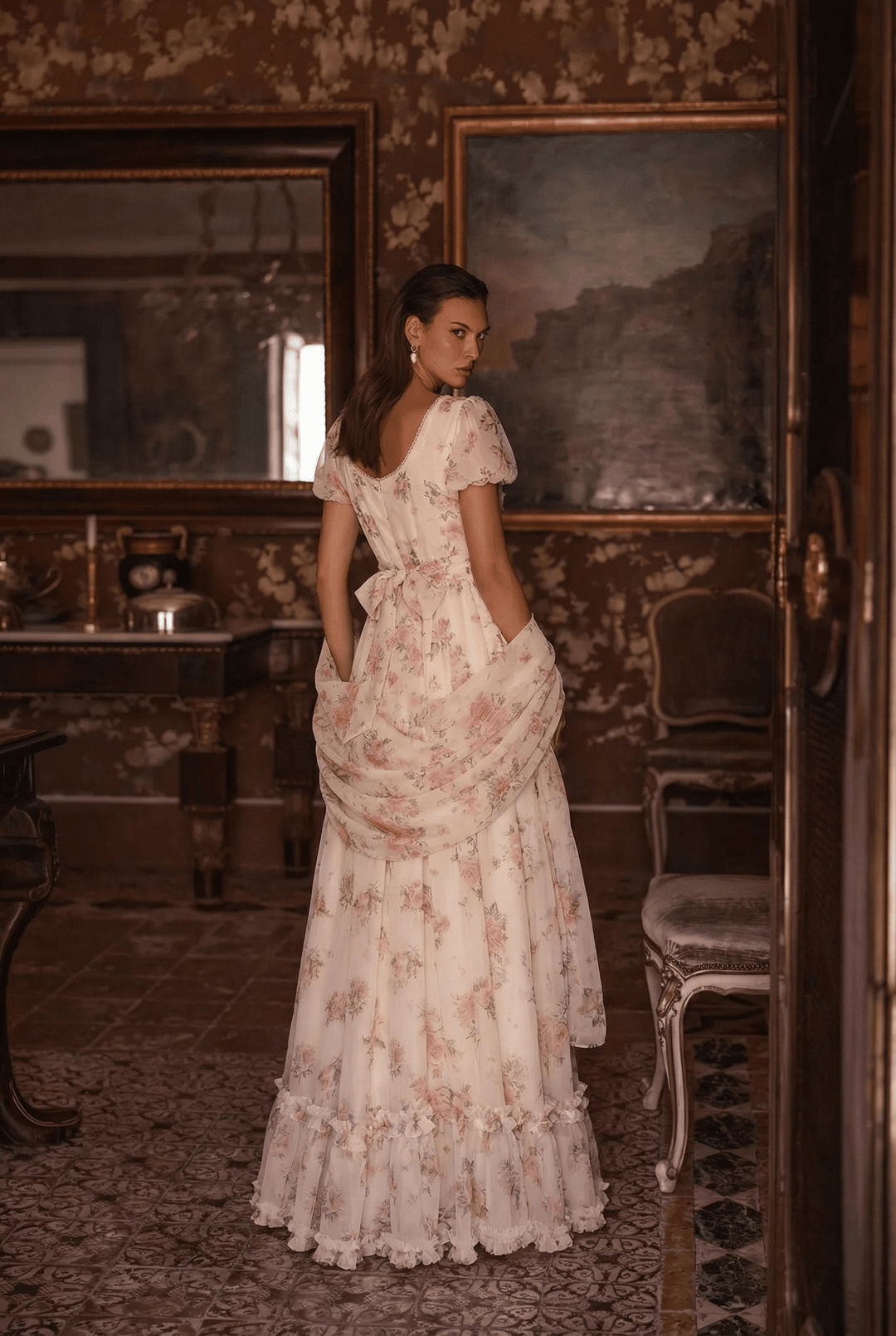 Pink Regency Era Dress in White Chiffon – Empire Waist Regency Gown with Puff Sleeves Plus Size - WonderlandByLilian