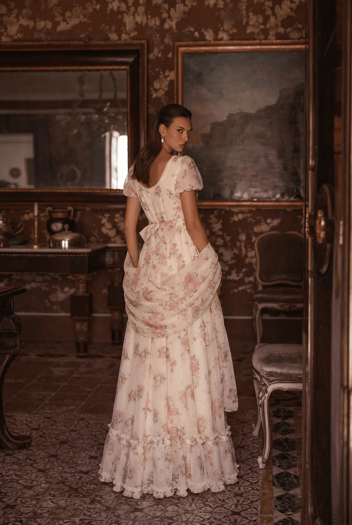 Pink Regency Era Dress in White Chiffon – Empire Waist Regency Gown with Puff Sleeves Plus Size - WonderlandByLilian
