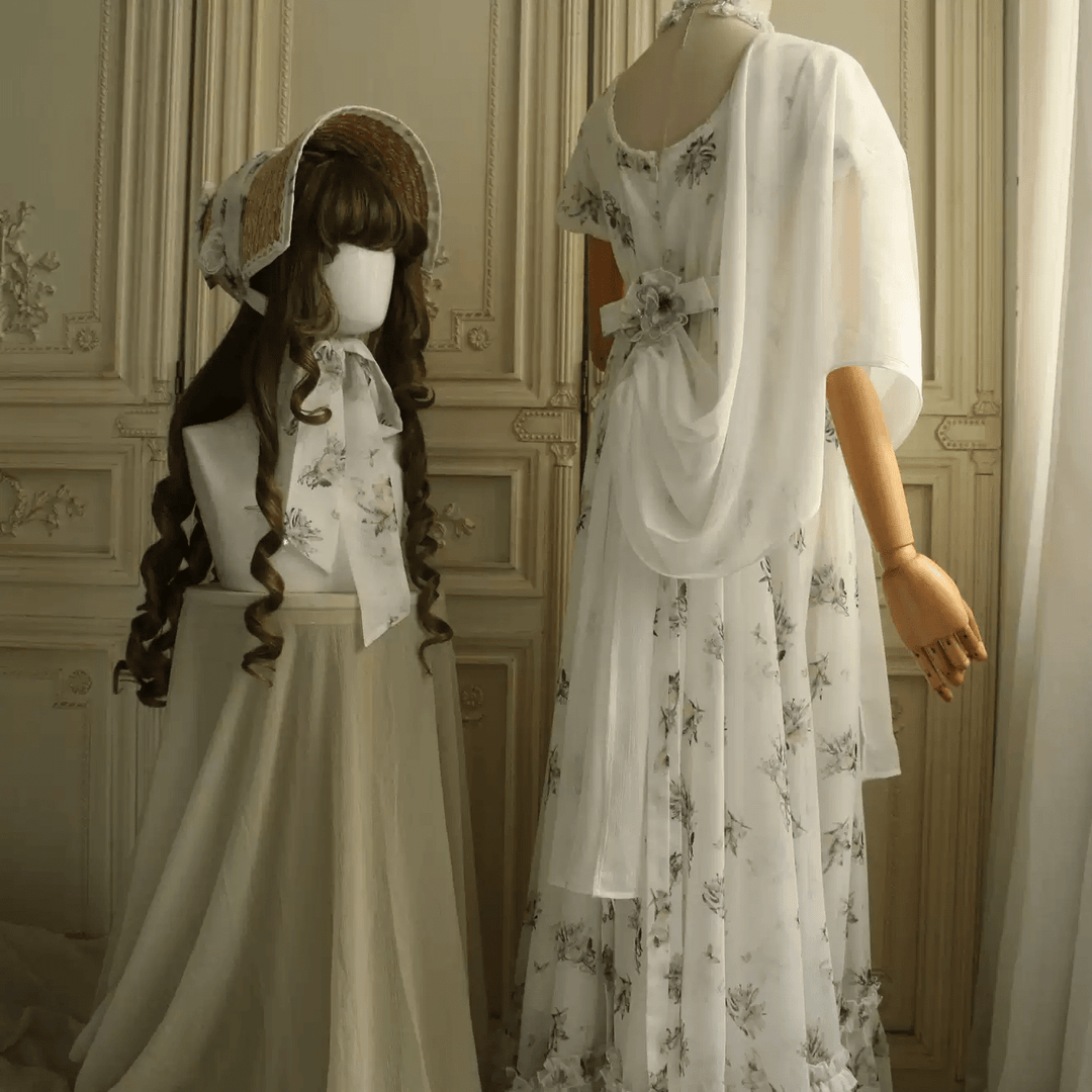 Pink Regency Era Dress in White Chiffon – Empire Waist Regency Gown with Puff Sleeves Plus Size - WonderlandByLilian
