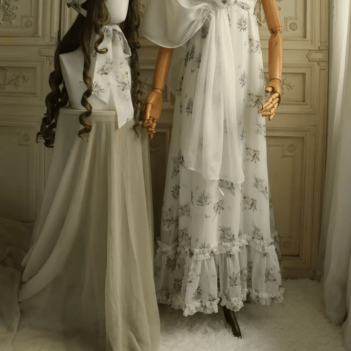 Pink Regency Era Dress in White Chiffon – Empire Waist Regency Gown with Puff Sleeves Plus Size - WonderlandByLilian