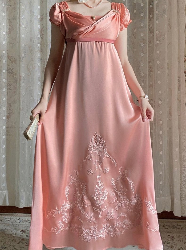 Pink Regency Era Dress with Delicate Embroidery