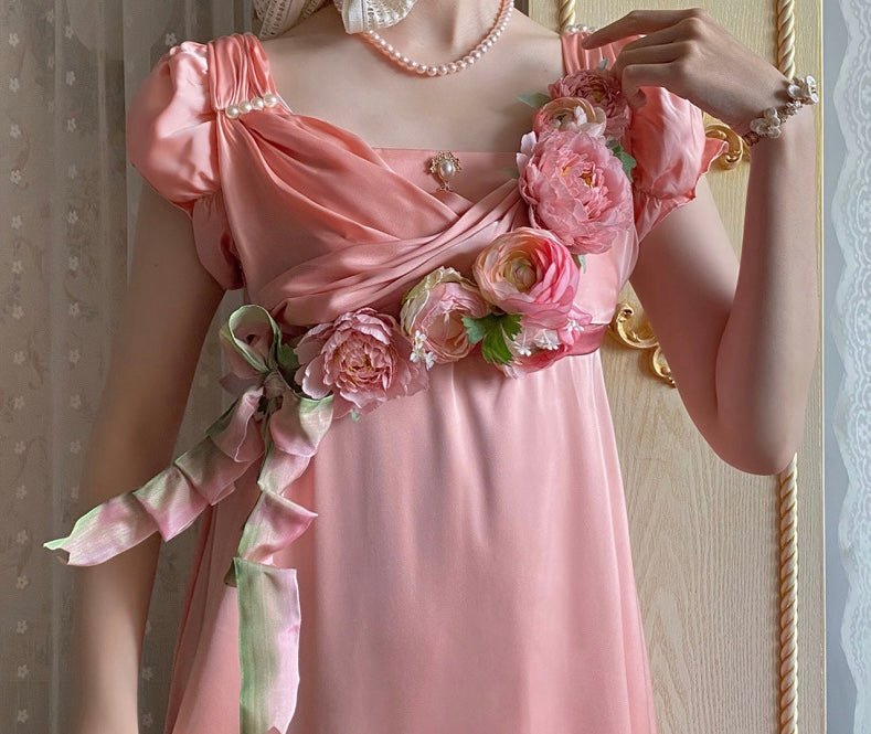 Pink Regency Era Dress with Delicate Embroidery - Custom Regency Dress with Puff Sleeves and Bow Plus Size Size 2 / Pink / with Cape Pink Regency Era Dress with Delicate Embroidery - Custom Regency Dress with Puff Sleeves and Bow Plus Size Size 2 / Pink / with Cape