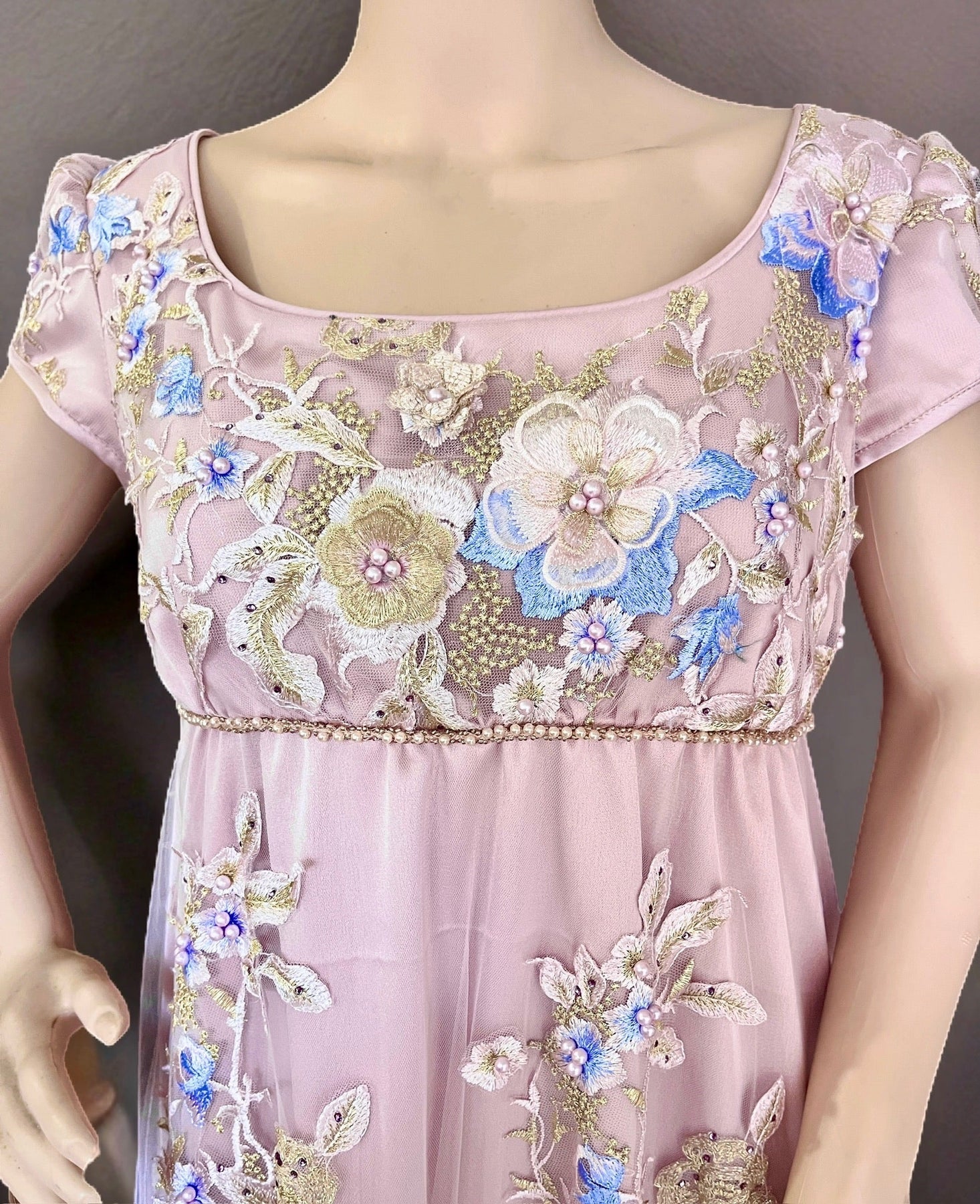 Pink Regency Era Embroidered Dress