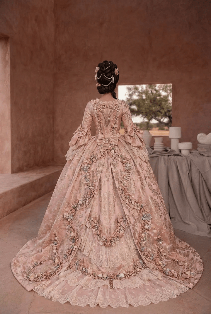 Pink Rococo Ball Gown with Floral Lace and Ruffled Detailing – Victorian - Inspired Wedding Dress with Long Sleeves Plus Size - WonderlandByLilian