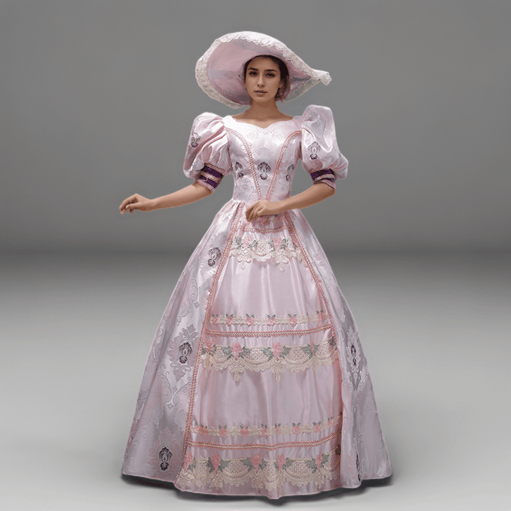 Pink Rococo Style Dress Striking Rose Pink Accents – Victorian Ball Gown Plus Size with Layered Ruffle Sleeves - WonderlandByLilian