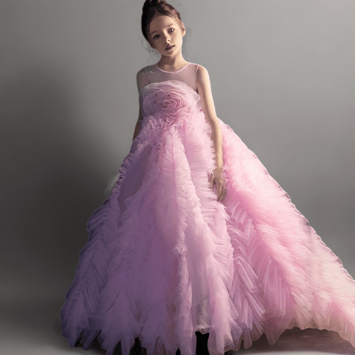Pink Ruffled Tulle Flower Girl Dress with Sleeveless Bodice – Special Occasion Flower Girl Dress with Train Plus Size - WonderlandByLilian