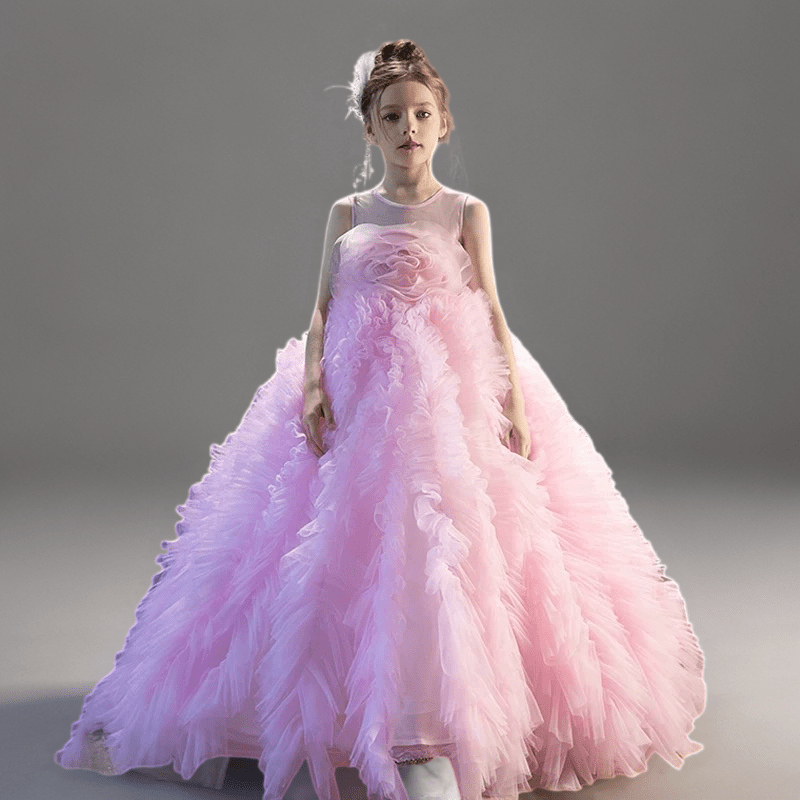 Pink Ruffled Tulle Flower Girl Dress with Sleeveless Bodice – Special Occasion Flower Girl Dress with Train Plus Size - WonderlandByLilian