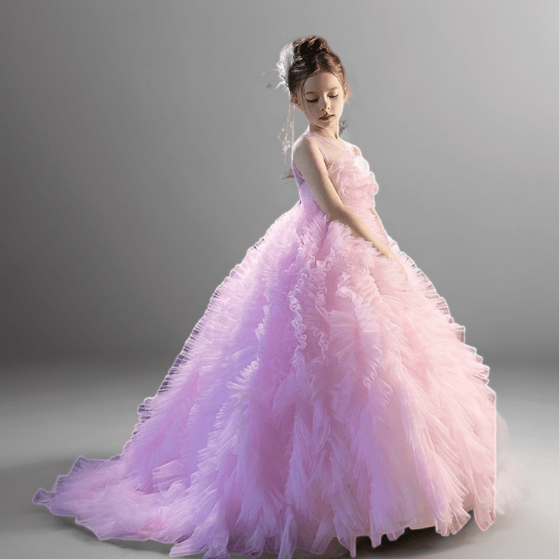 Pink Ruffled Tulle Flower Girl Dress with Sleeveless Bodice – Special Occasion Flower Girl Dress with Train Plus Size - WonderlandByLilian