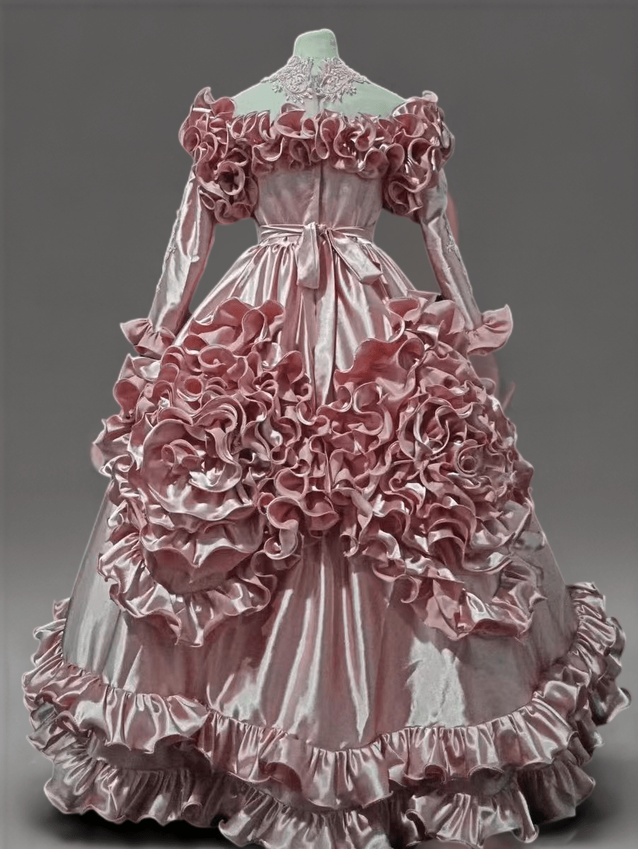 Pink Satin Vintage Antique A - line Ball Gown Wedding Dress with Long Sleeves and Ruffles - Plus Size - WonderlandByLilian