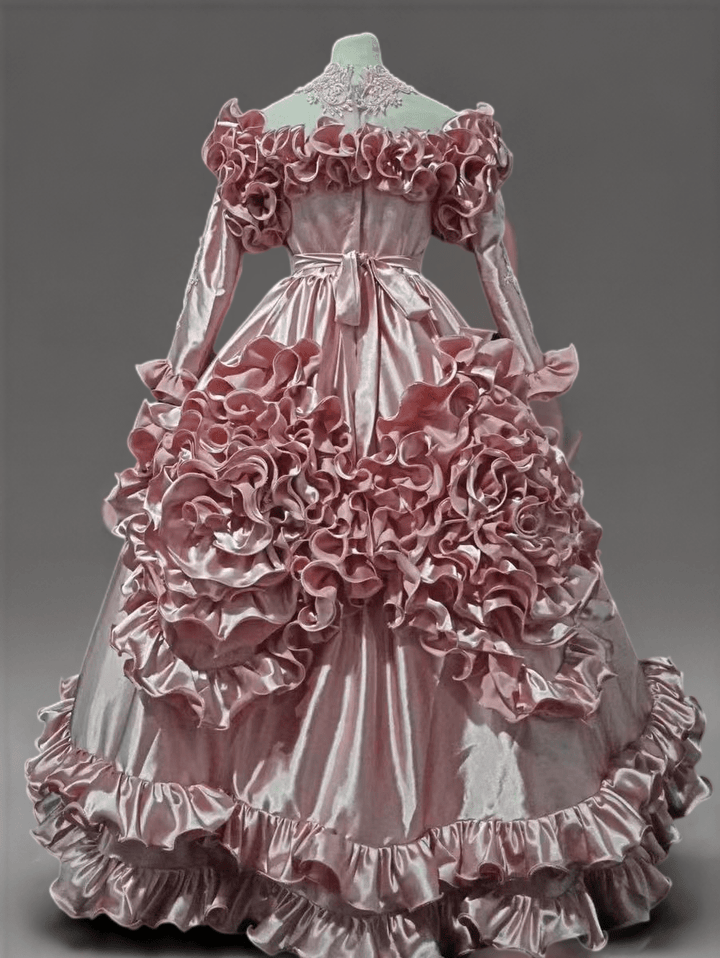 Pink Satin Vintage Antique A - line Ball Gown Wedding Dress with Long Sleeves and Ruffles - Plus Size - WonderlandByLilian