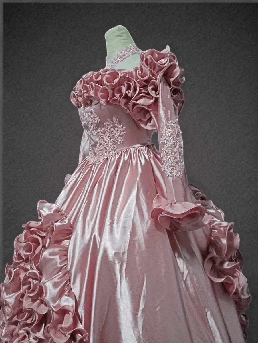 Pink Satin Vintage Antique A-line Ball Gown Wedding Dress with Long Sleeves and Ruffles Plus Size