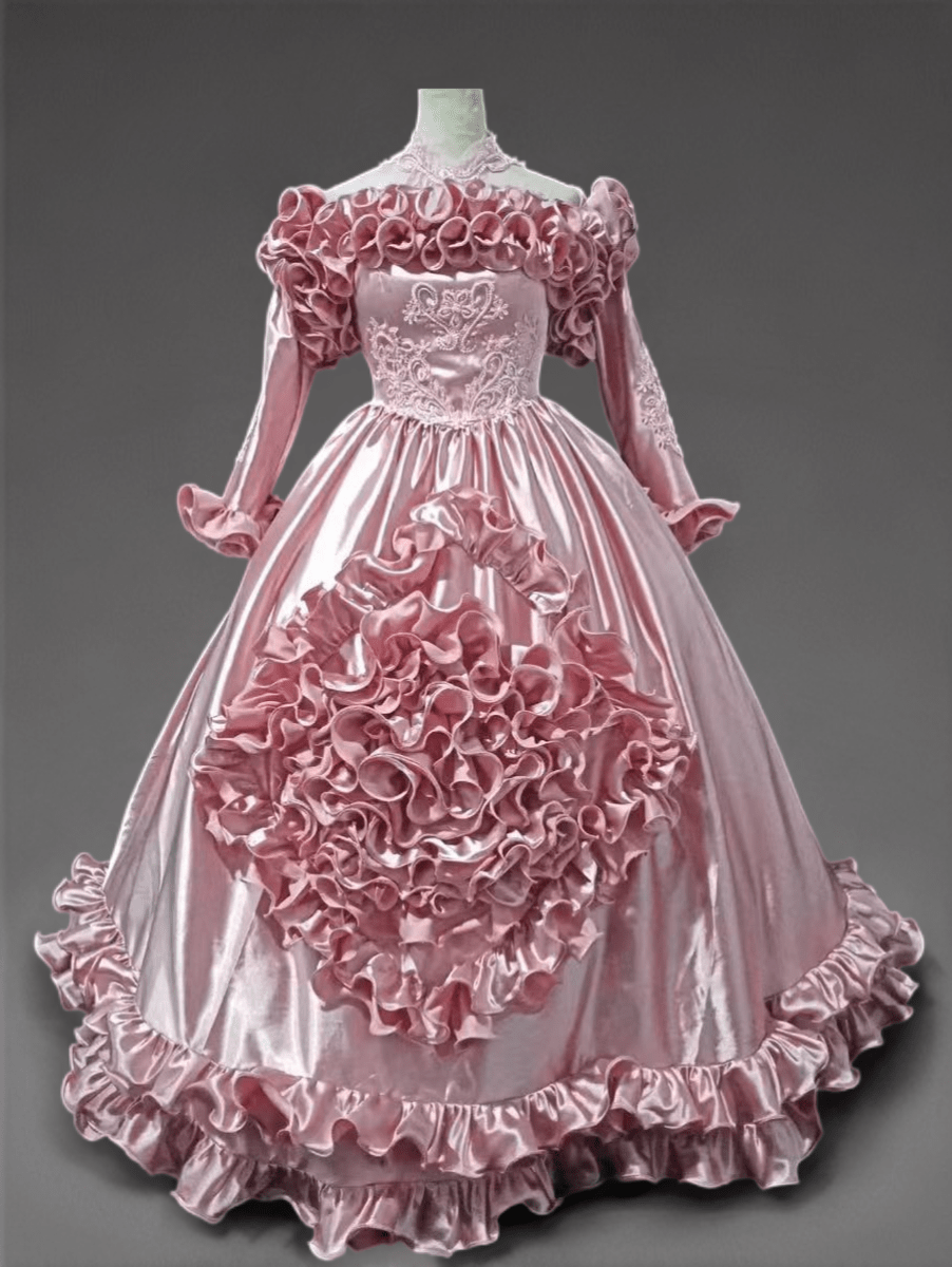 Pink Satin Vintage Antique A - line Ball Gown Wedding Dress with Long Sleeves and Ruffles - Plus Size - WonderlandByLilian