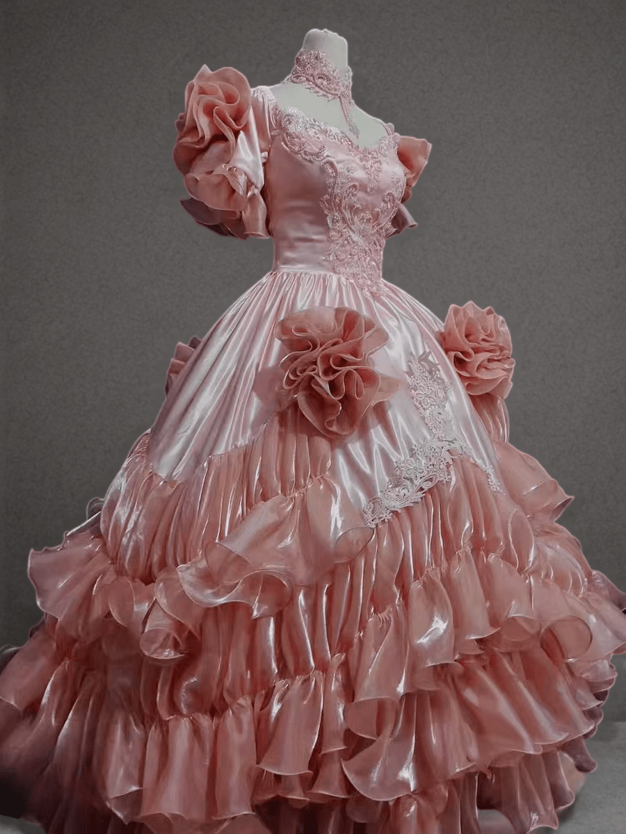 Pink Satin Vintage Antique A - line Ball Gown Wedding Dress with Ruffled Embroidery - Plus Size - WonderlandByLilian