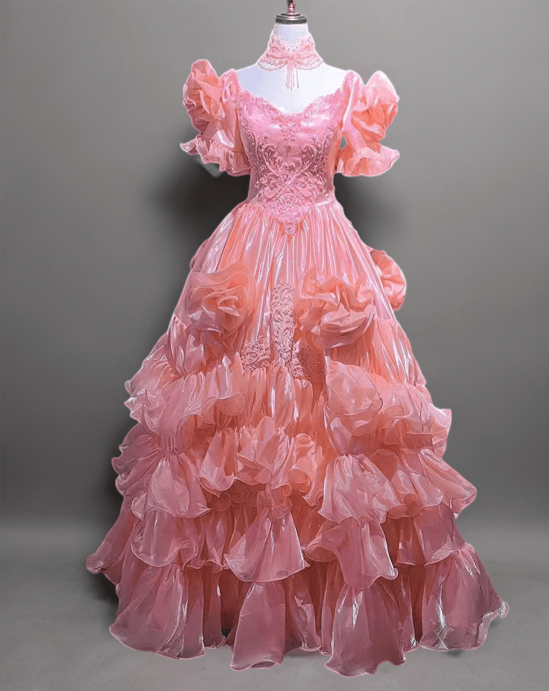 Pink Satin Vintage Antique A - line Ball Gown Wedding Dress with Ruffled Embroidery - Plus Size - WonderlandByLilian